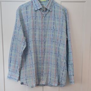 Tommy Bahama Blue and Pink Plaid Button Down Shirt